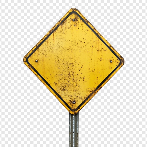 Signo de trânsito de diamante amarelo envelhecido Grunge textura em branco modelo estrada rústica aviso estrada vintage marca de estrada superfície desgastada fundo isolado