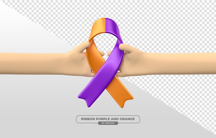 PSD grátis símbolo de mão para campanha de conscientização de fevereiro roxo e laranja em renderização 3d