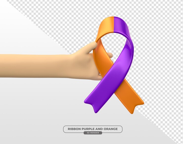 PSD grátis símbolo de mão para campanha de conscientização de fevereiro roxo e laranja em renderização 3d
