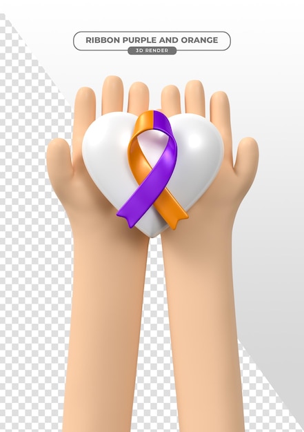 Símbolo de mão para campanha de conscientização de fevereiro roxo e laranja em renderização 3D