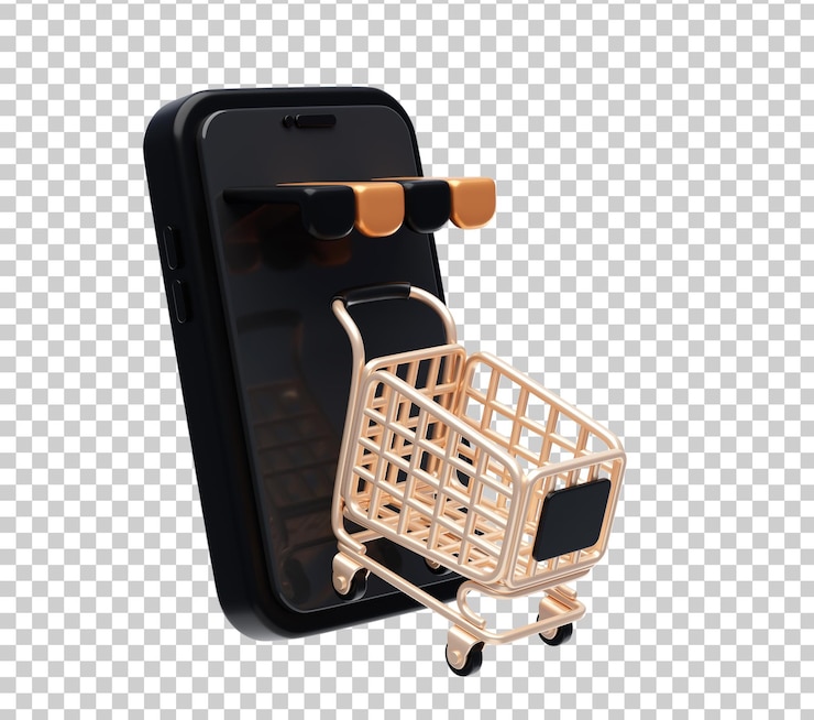 PSD grátis smartphone preto com caixa de presente e ícone de itens de compras ilustração 3d