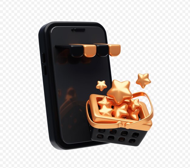 Smartphone preto com estrelas e ícone de cesta de compras ilustração 3D