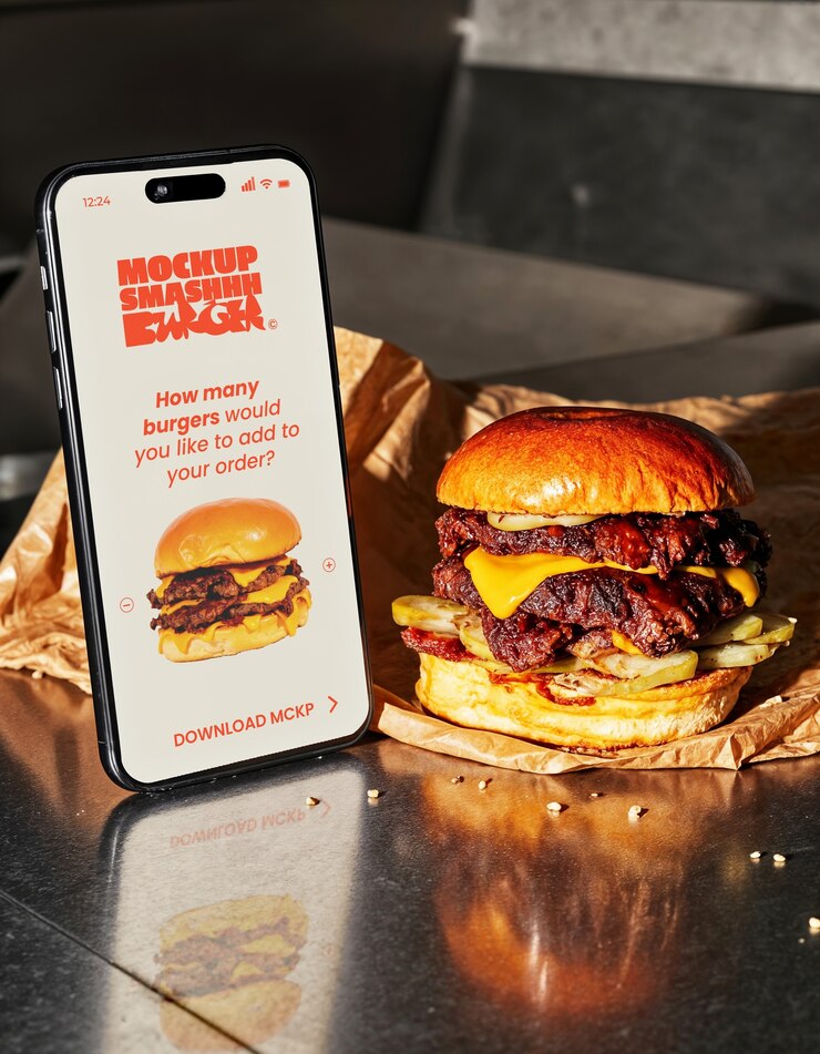 PSD grátis smash mockup de hambúrguer com smartphone e pedido imediato