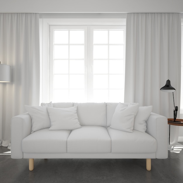 sofá branco sob uma janela