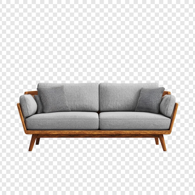 PSD grátis sofa cinza moderna de meados do século com estrutura de madeira