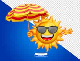 PSD grátis sol alegre com óculos de sol segurando guarda-chuva em desenho animado 3d com fundo transparente