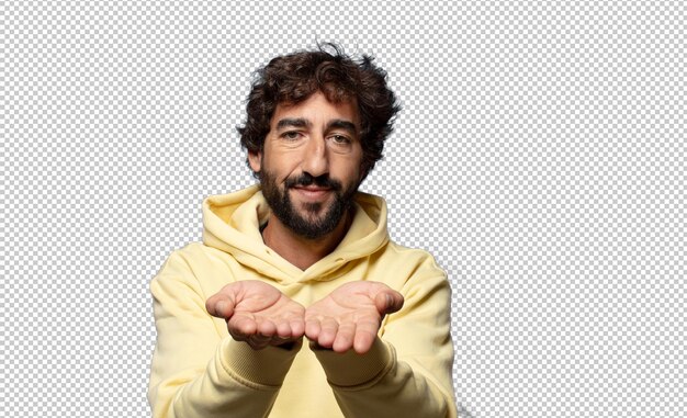 sorrindo alegremente com um olhar amigável e confiante e positivo, oferecendo e mostrando um objeto ou conceito