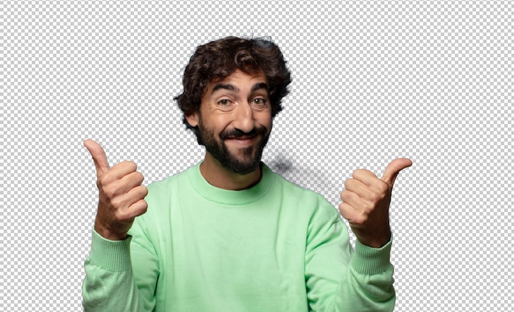 PSD grátis sorrindo alegremente e parecendo feliz sentindo-se despreocupado e positivo com ambos os polegares para cima