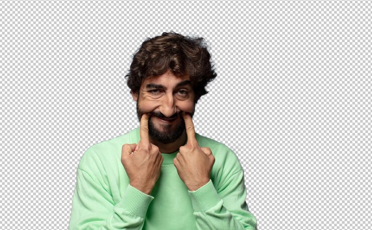 PSD grátis sorrindo com confiança apontando para o seu próprio sorriso falso
