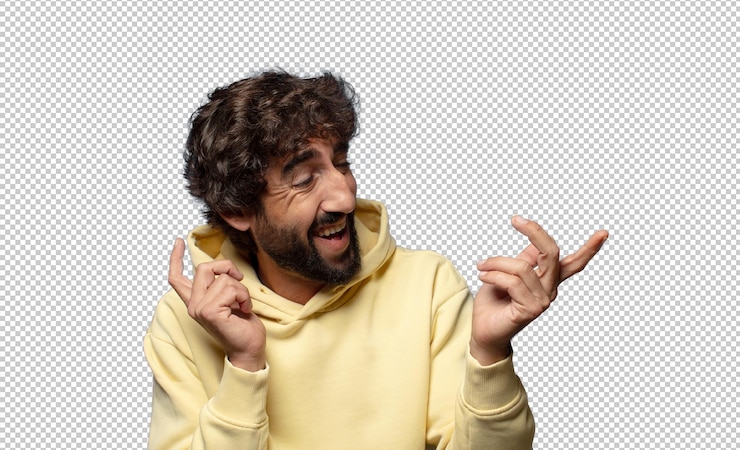 PSD grátis sorrindo, sentindo-se despreocupado, relaxado e feliz, dançando e ouvindo música, divertindo-se numa festa.