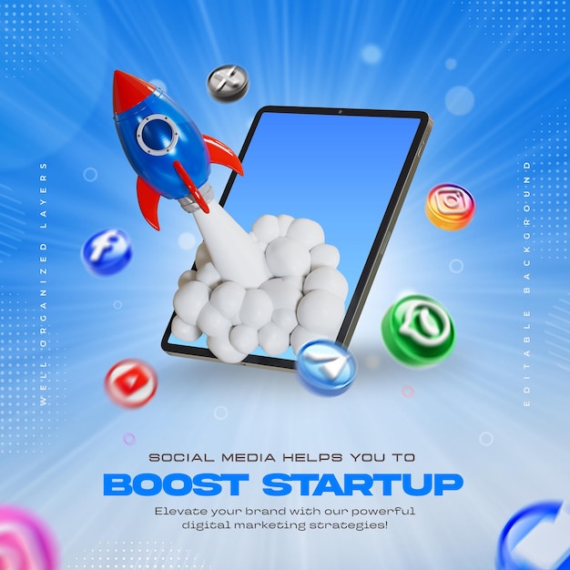 Startup concept rocket impulsionando o marketing de mídia social com tablet