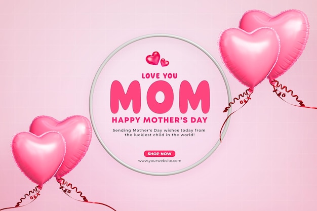 Te amo mãe e feliz dia das mães cumprimentando banner com modelo de balões de amor