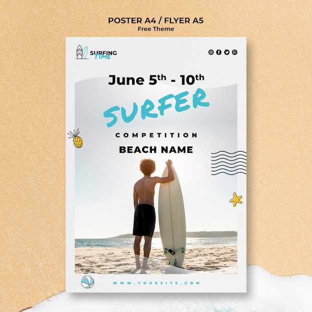 Tema de modelo de cartaz de surfista