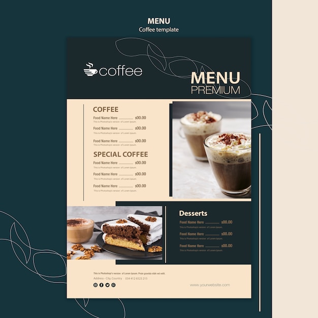 PSD grátis tema de modelo de menu com café