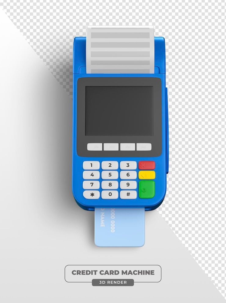 PSD grátis terminal de pagamento azul com cartão de crédito e sombra em 3d render com fundo transparente