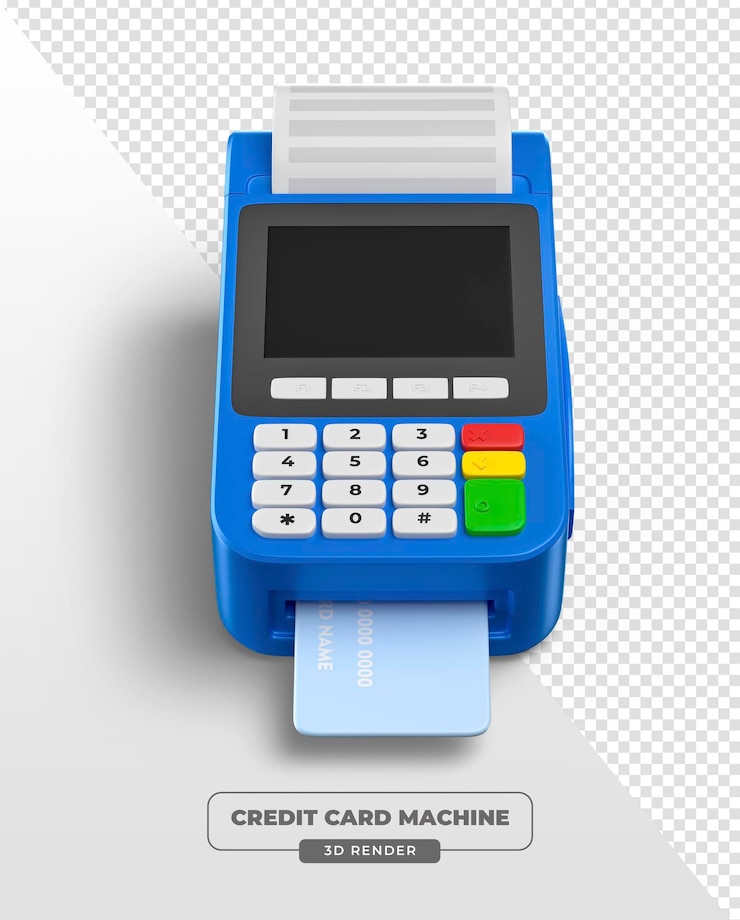 PSD grátis terminal de pagamento azul com cartão de crédito e sombra em 3d render com fundo transparente