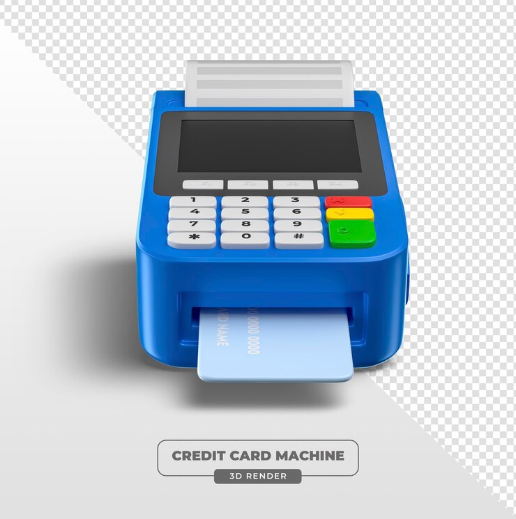 PSD grátis terminal de pagamento azul com cartão de crédito e sombra em 3d render com fundo transparente