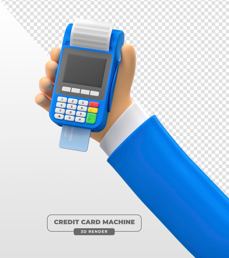 PSD grátis terminal de pagamento azul com cartão de crédito em mão em renderização 3d com fundo transparente