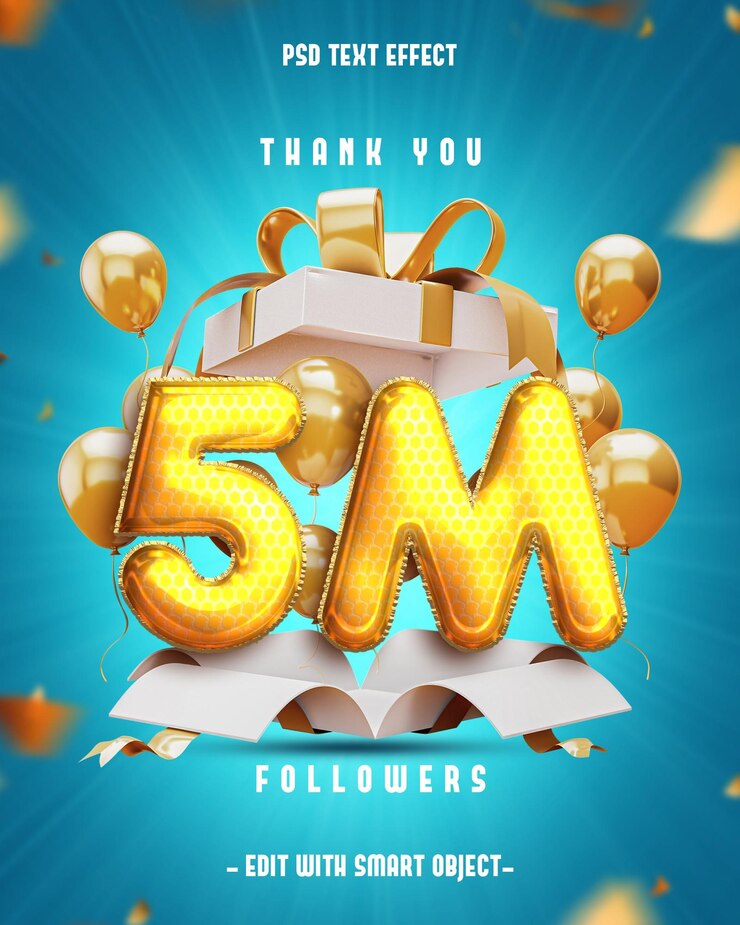PSD grátis thankyou 5m follower efeito de texto editável