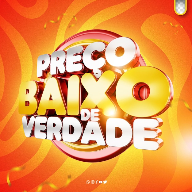Título de promoção de supermercado português com selo 3D real a preços baixos