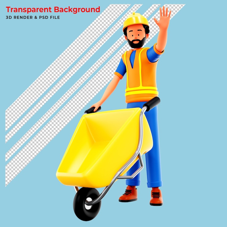 PSD grátis trabalhador da construção civil usando capacete de segurança e colete empurrando a ilustração de renderização 3d de carrinho de mão