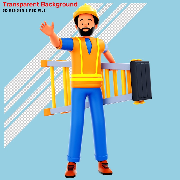 PSD grátis trabalhador da construção civil usando capacete de segurança e colete segurando a escada ilustração 3d render