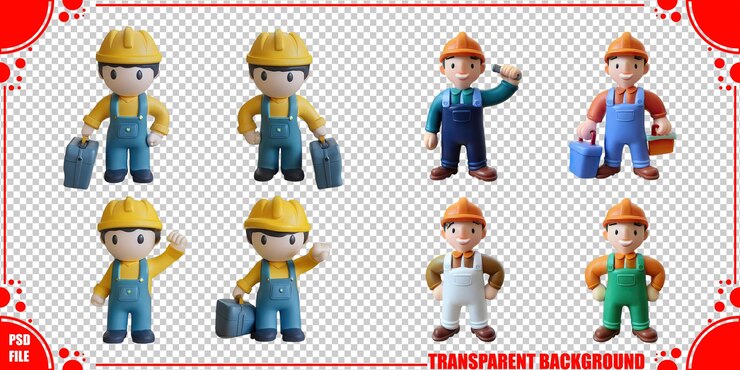 PSD grátis trabalhadores de construção de desenhos animados com ferramentas e acessórios