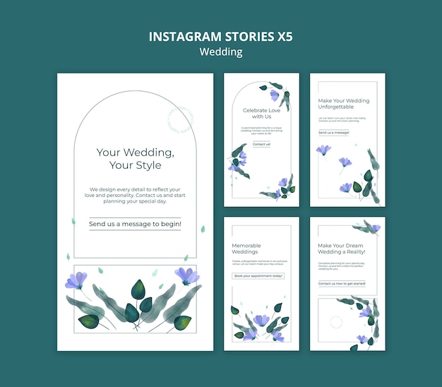 Um conjunto de modelos de histórias de casamento floral no instagram
