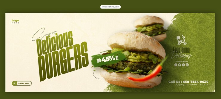 PSD grátis um delicioso menu de hambúrgueres e comida no facebook.