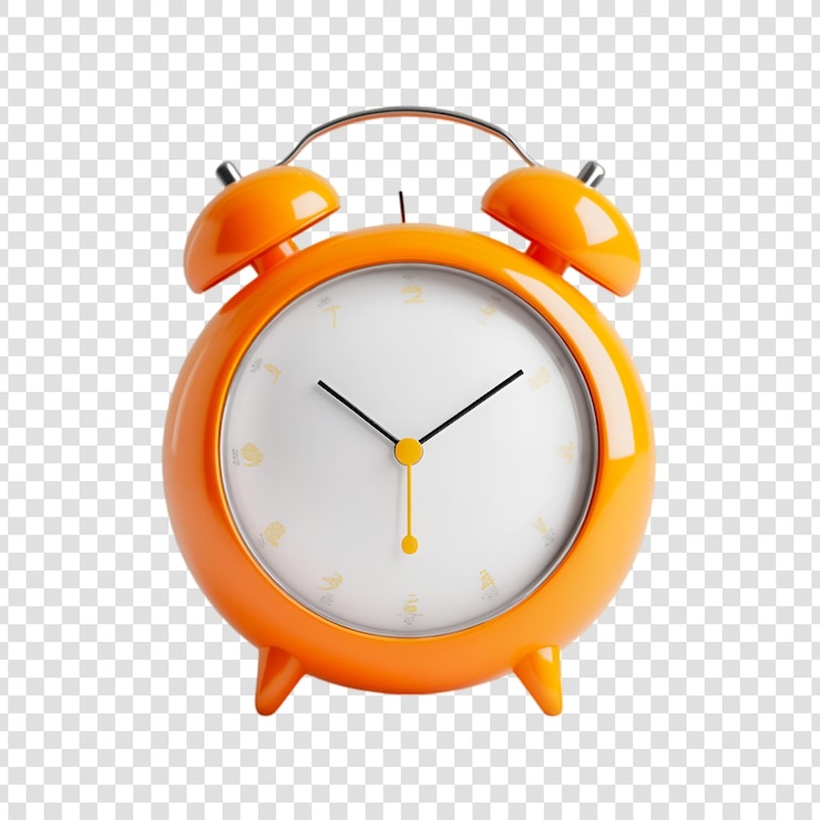Um despertador laranja em um fundo transparente