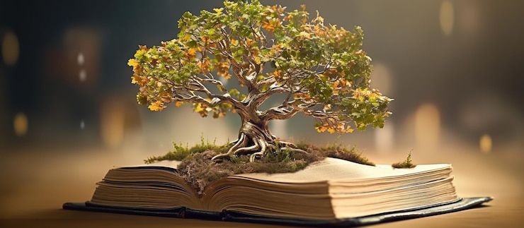 PSD grátis um livro aberto com uma árvore crescendo nele generative ai