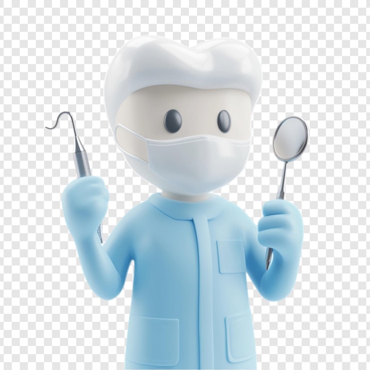 PSD grátis um personagem dentista amigável pronto para ajudar com ferramentas dentárias na mão sorrindo tranquilizadoramente