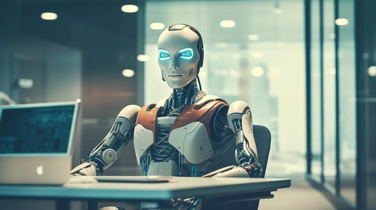 PSD grátis um robô esperando em um escritório moderno por uma entrevista de emprego generative ai