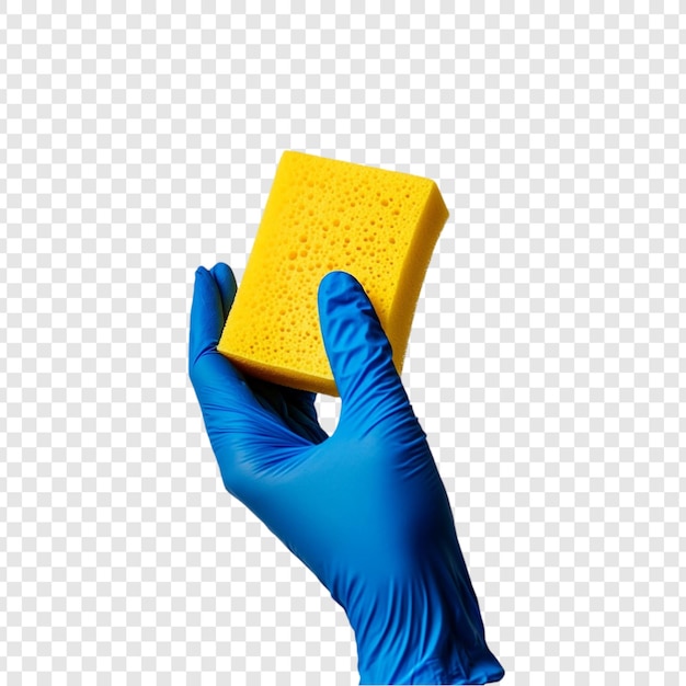 Uma mão com luvas segurando uma esponja de limpeza amarela A limpeza, a higiene e o saneamento são enfatizados Ideais para produtos de limpeza ou anúncios de produtos de higiene doméstica
