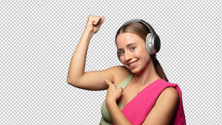 PSD grátis uma mulher bonita de fitness com fones de ouvido.