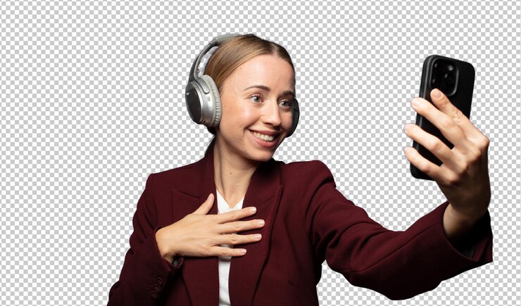 PSD grátis uma mulher de negócios bonita a usar fones de ouvido.