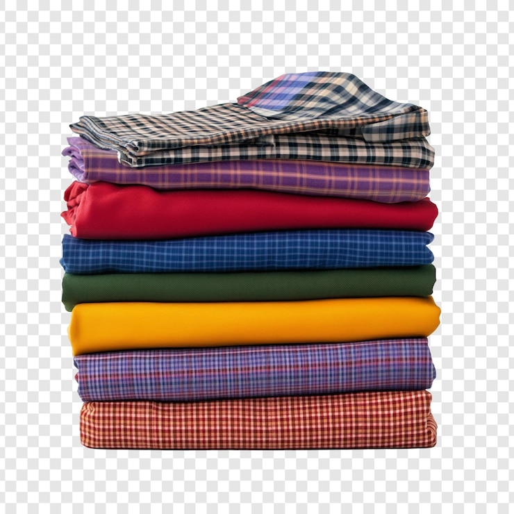 PSD grátis uma pilha de tecidos coloridos, plaidados e sólidos, dobrados cuidadosamente.