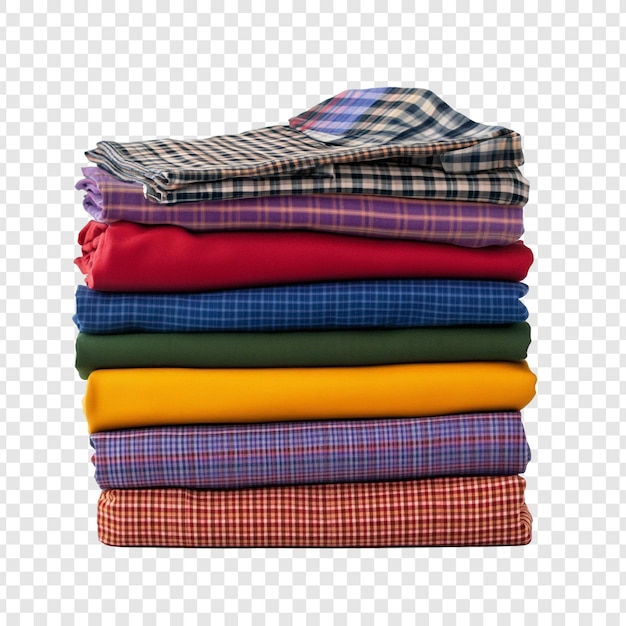 Uma pilha de tecidos coloridos, plaidados e sólidos, dobrados cuidadosamente.