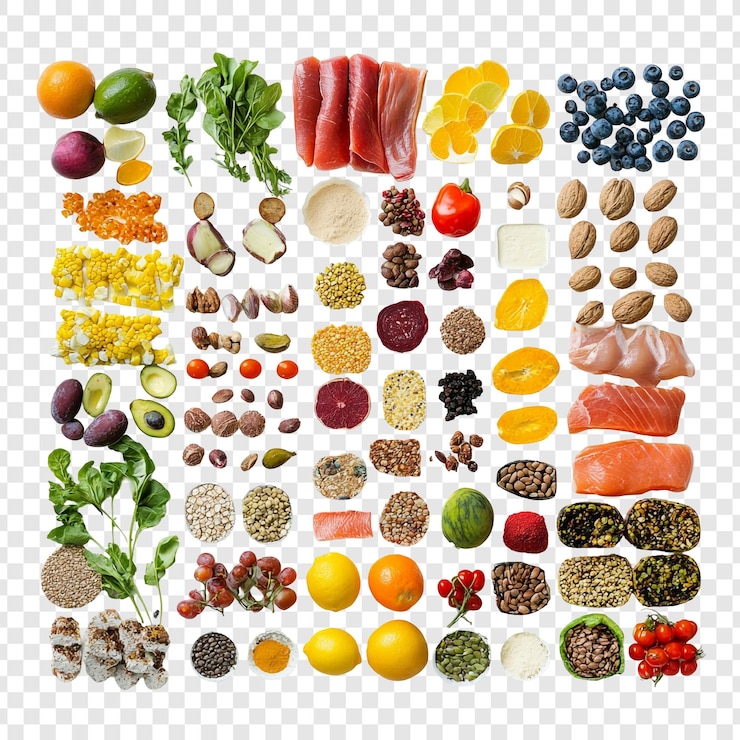 PSD grátis uma variedade de alimentos nutritivos uma seleção colorida de frutas legumes grãos e proteínas