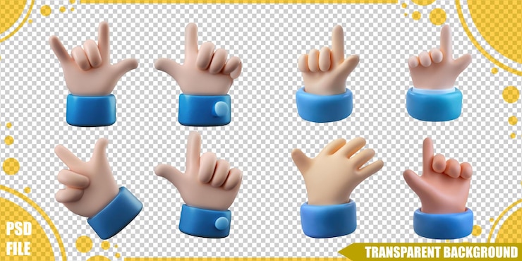 PSD grátis várias mãos de desenho animado com gestos e poses