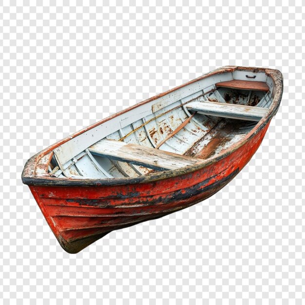 Velho barco de remo vermelho, embarcação de madeira desgastada, charme náutico
