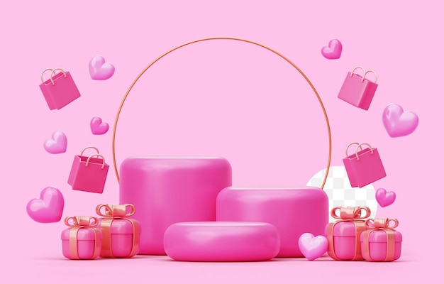 PSD grátis venda de valentine pódio rosa com coração e presente amor romance conceito banner plataforma para apresentação de produto fundo 3d