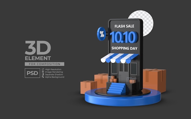 Venda em flash dia de compras 10 10 com elemento de renderização 3d de pódio de smartphone para composição psd premium