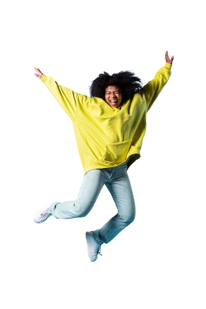 PSD grátis vista da mulher feliz pulando no ar