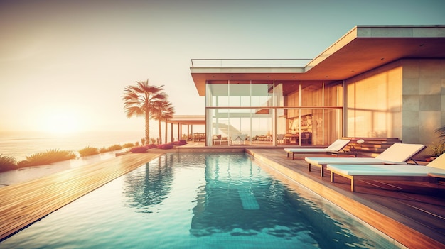 Vista para o marcasa de praia moderna e luxuosa Generative AI