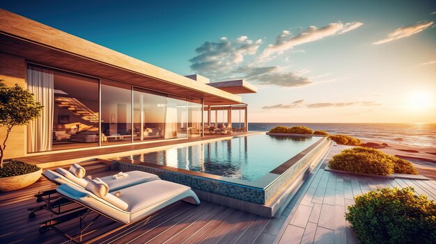 Vista para o marcasa de praia moderna e luxuosa Generative AI