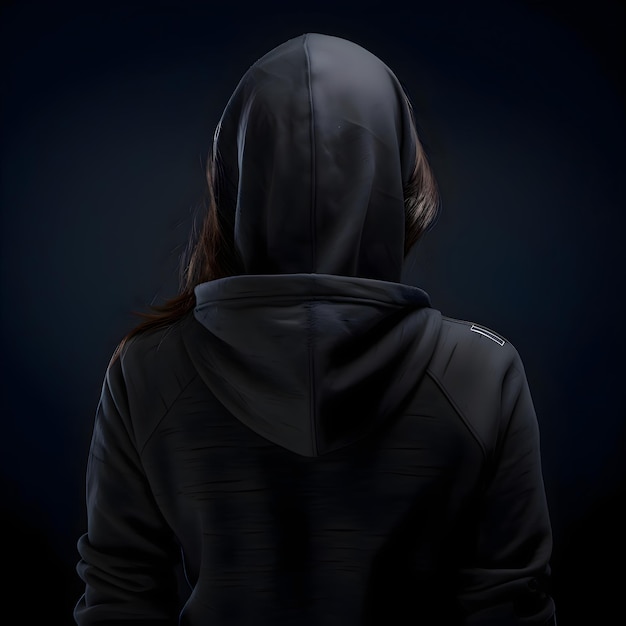 Vista traseira de uma mulher com um capuz preto em um fundo escuro