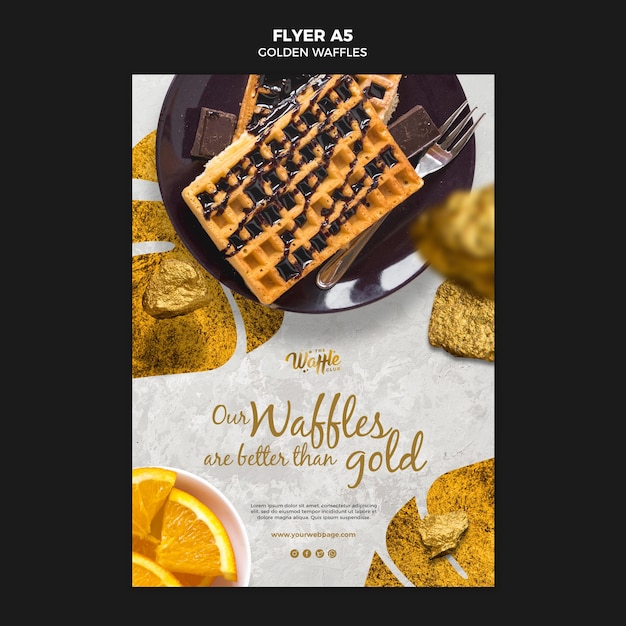 PSD grátis waffles dourados com panfleto de chocolate