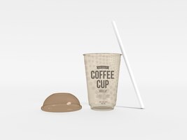 Xícara de café de plástico transparente com maquete de palha