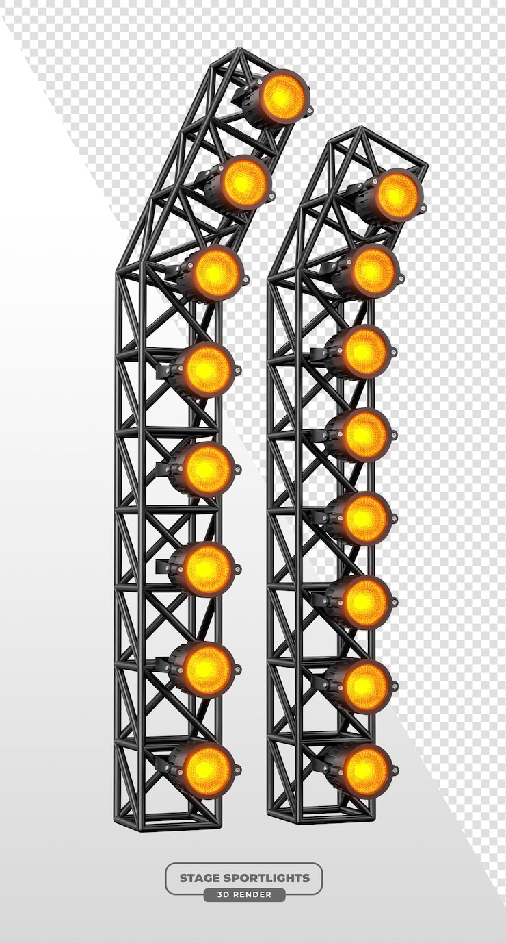 Miễn phí PSD angled stage lighting trusses with amber spotlights in 3d render